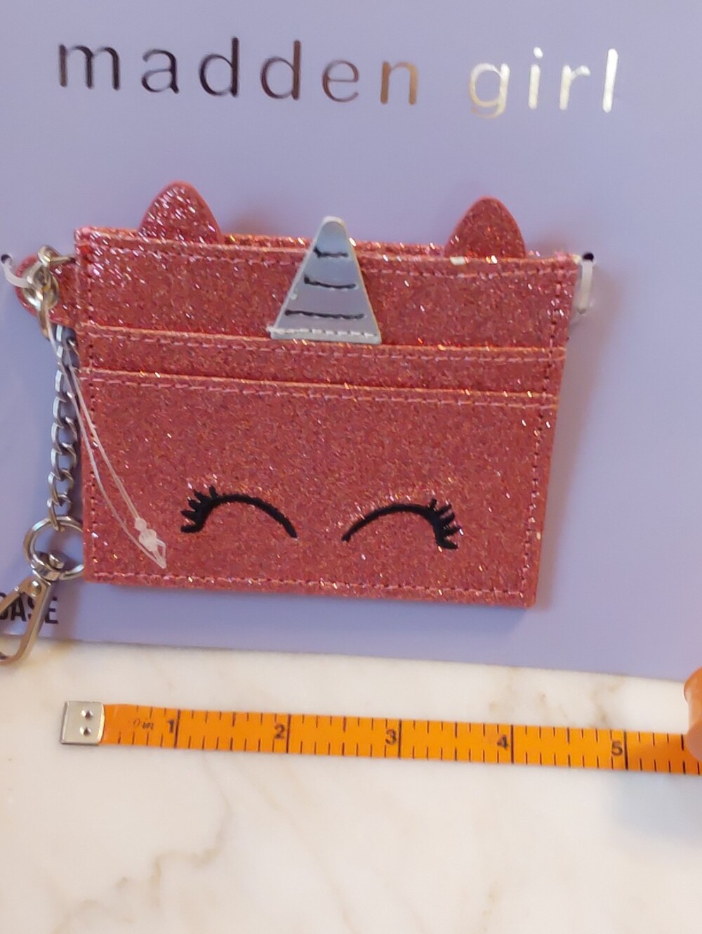 NWT Madden Girl Pink Card Holder, Glittery Small Wallet With Silver Key Chain - Picture 6 of 6